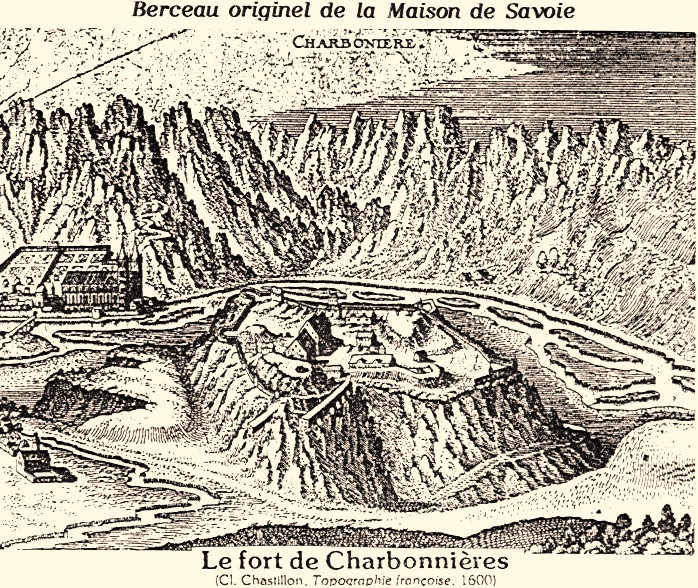 Aiguebelle (Savoie) Le château-fort de Charbonnières, gravure