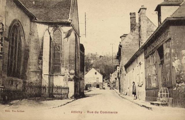 Attichy oise cpa eglise et rue du commerc