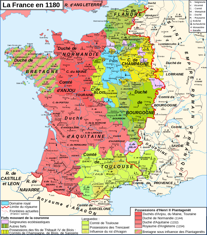 Carte du domaine thibaudien (en jaune) en 1180