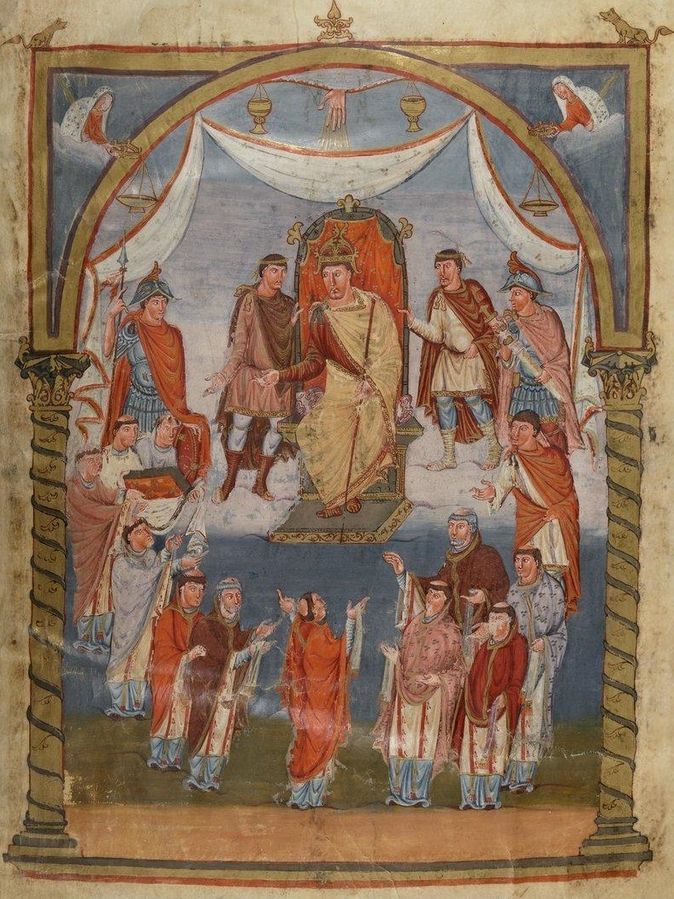 Charles II dit le Chauve recevant des moines enluminure du IXe