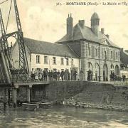 Mortagne du nord 59 la mairie l eglise et le pont cpa