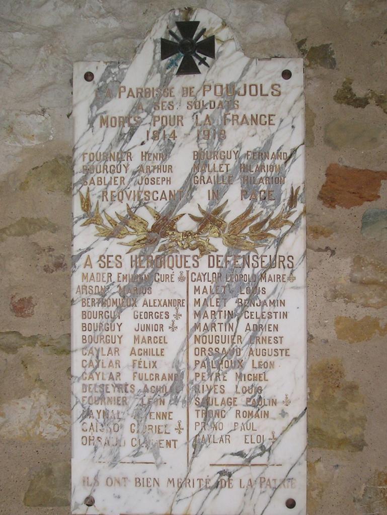 Poujols (Hérault) Plaque Bourguy sur monument aux morts