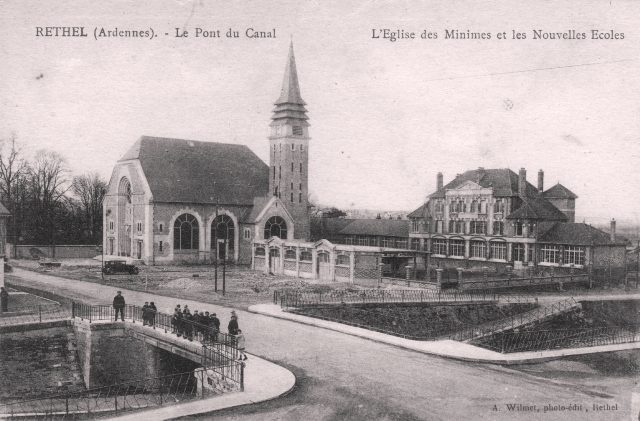 Rethel (08) L'église des Minimes, le pont du canal et les écoles CPA