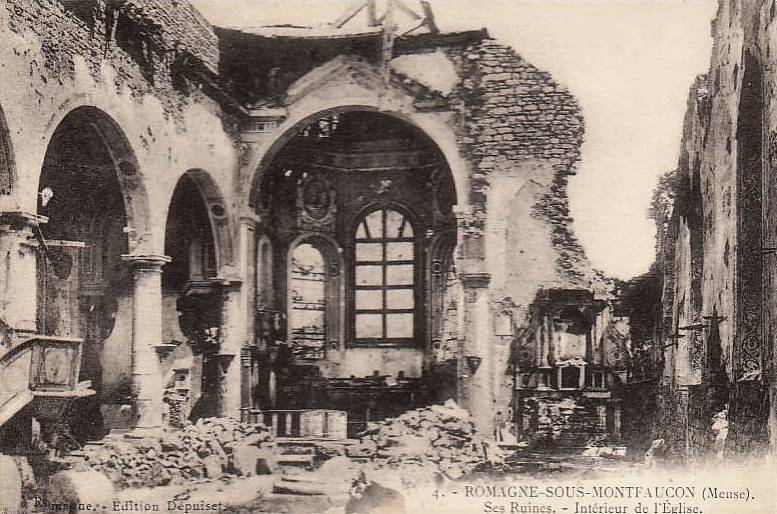 Romagne-sous-Montfaucon (Meuse) 1914-1918, ruines de l'église CPA