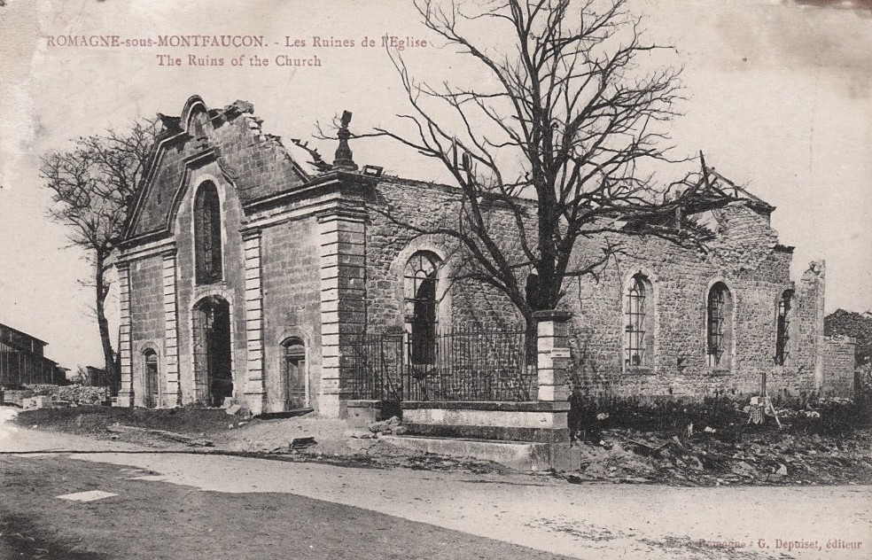 Romagne-sous-Montfaucon (Meuse) 1914-1918, ruines de l'église CPA