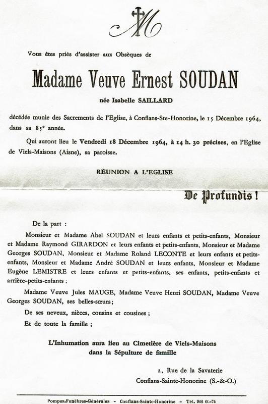 Augustine Isabelle Saillard, faire part décès 1964 