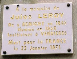 Vendières (Aisne) Plaque à la mémoire de Jules Leroy