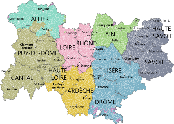 Carte auvergne rhone alpes et depts